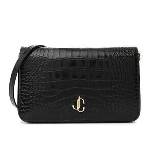 JIMMY CHOO Palace Croc-Embossed Crossbody Purse Black Leather and Chain Strap